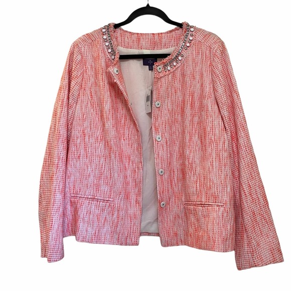 NYDJ Tweed Rhinestone Orange Blazer Jacket size L NEW NWT - Picture 4 of 12
